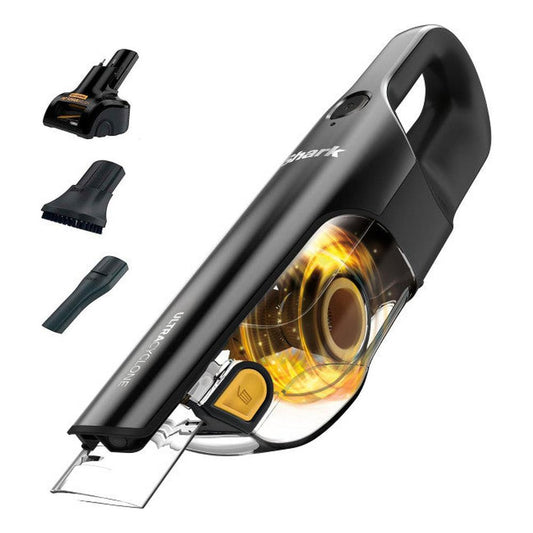 Aspiradora de mano negra Shark UltraCyclone con diseño ergonómico y tres accesorios desmontables.