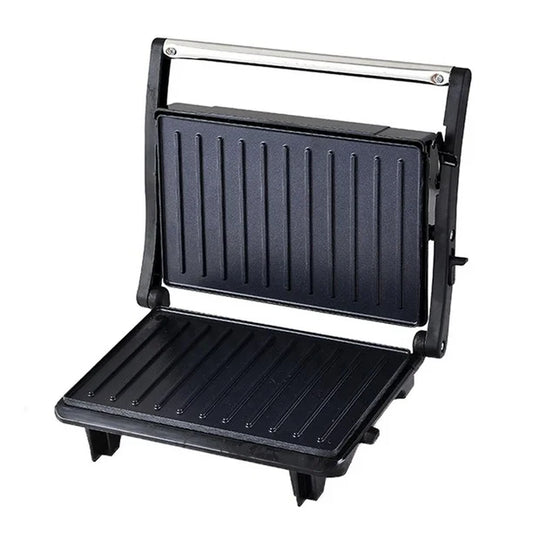 Parrilla panini RCA antiadherente negra con placas estriadas y diseño compacto.