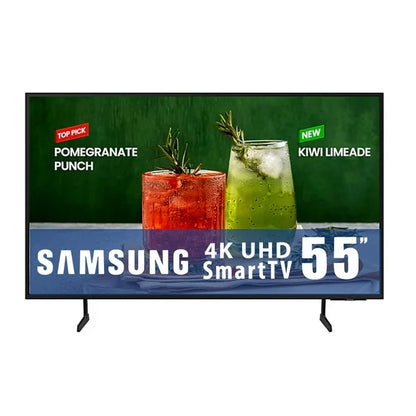 Televisor Samsung Smart LED 55" 4K UHD con imágenes de bebidas en pantalla.