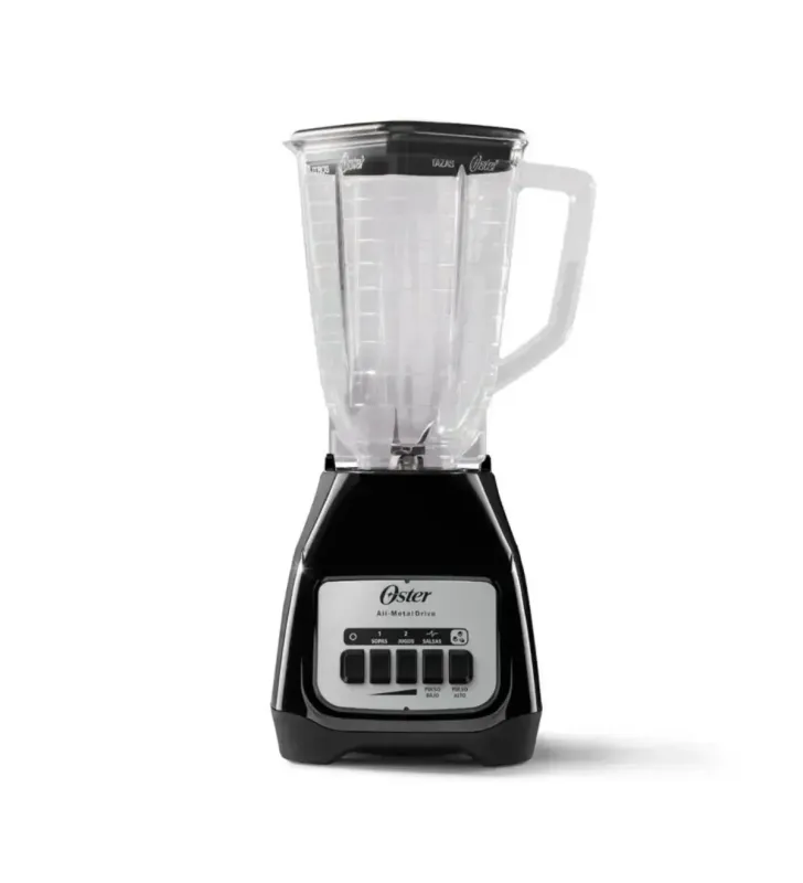 Licuadora Oster Kaliman negra con vaso plástico transparente y control de dos velocidades.