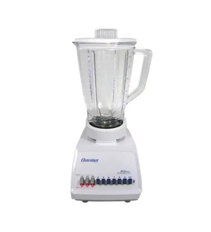 Licuadora Oster blanca con jarra transparente, base plástica y controles de 10 velocidades.