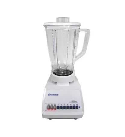 Licuadora Oster blanca con jarra transparente, base plástica y controles de 10 velocidades.