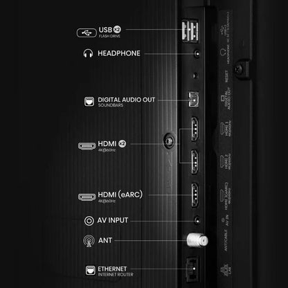 Panel lateral de TV Hisense 43" VIDAA 4K con puertos USB, HDMI, Ethernet y entrada AV.