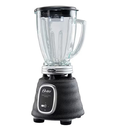 Licuadora Oster negra con vaso de vidrio y base texturizada, control de palanca frontal.