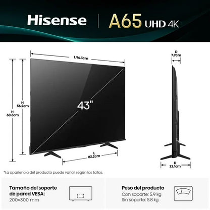 Televisor Hisense 43 pulgadas UHD 4K modelo A65 con soporte metálico y diseño delgado negro.