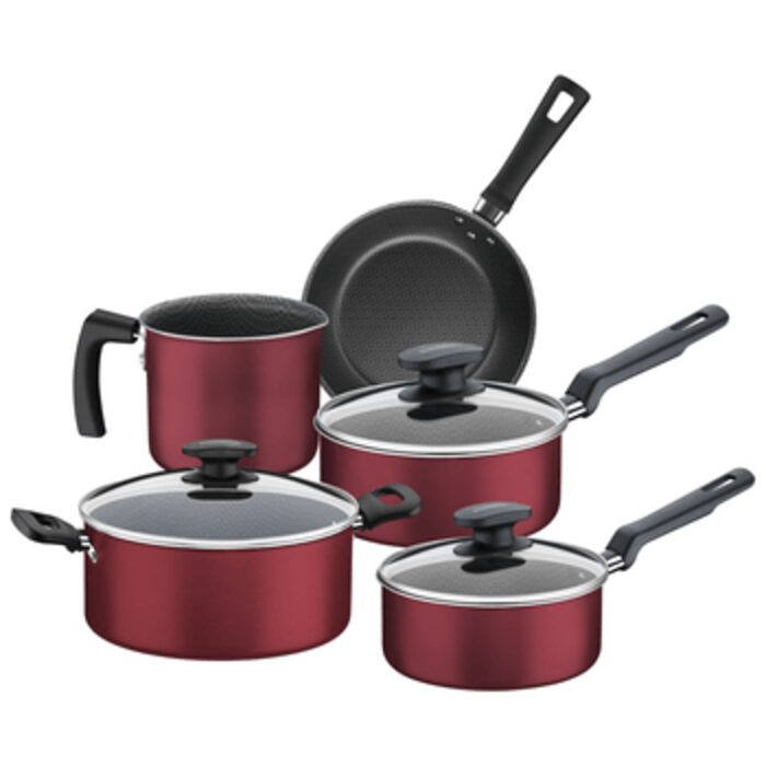 Batería de cocina roja Tramontina Loreto 5 piezas con sartén y ollas con tapa de vidrio y mangos negros.