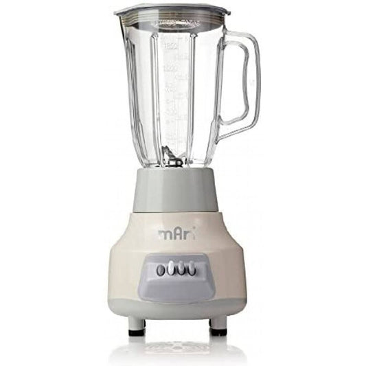 Licuadora blanca con vaso plástico transparente y base con tres botones de velocidad.