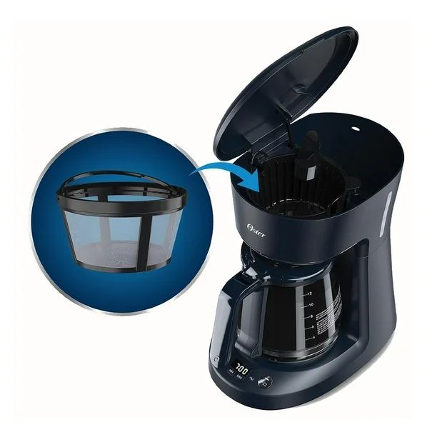 Cafetera Oster analógica negra con jarra de vidrio y filtro reutilizable, capacidad 12 tazas.
