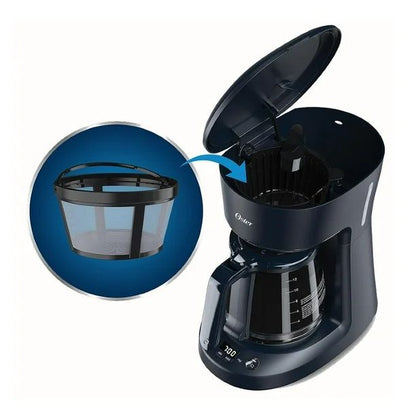 Cafetera Oster analógica negra con jarra de vidrio y filtro reutilizable, capacidad 12 tazas.
