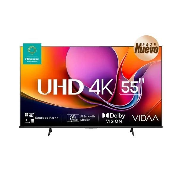 Televisor Hisense 55" UHD 4K con pantalla VIDAA, diseño delgado y soporte negro en V.