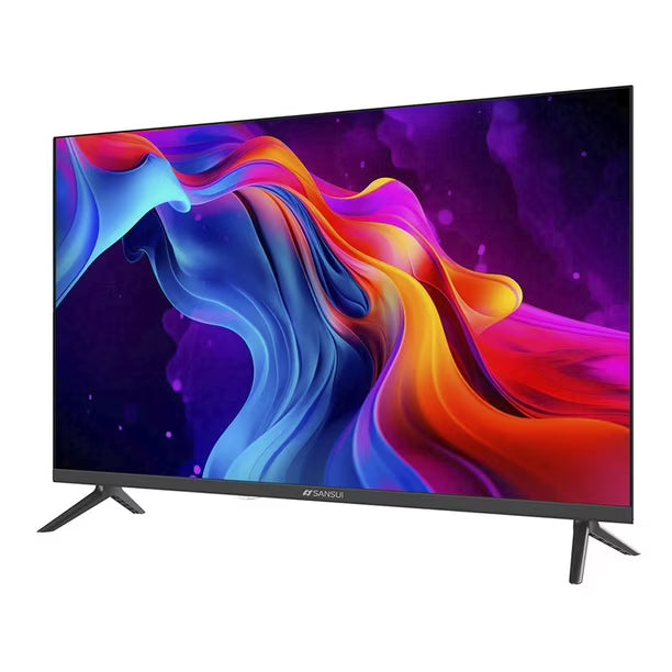 Pantalla Smart TV Sansui 32" con diseño delgado, base doble en negro y pantalla colorida vibrante.