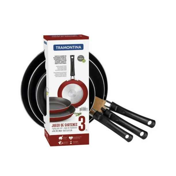 Set de tres sartenes Tramontina Chelsea rojas antiadherentes tamaños 20, 26 y 30 cm con mango negro ergonómico.