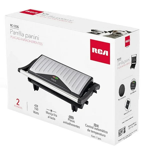 Parrilla panini RCA antiadherente negra con tapa y luz indicadora roja y verde.