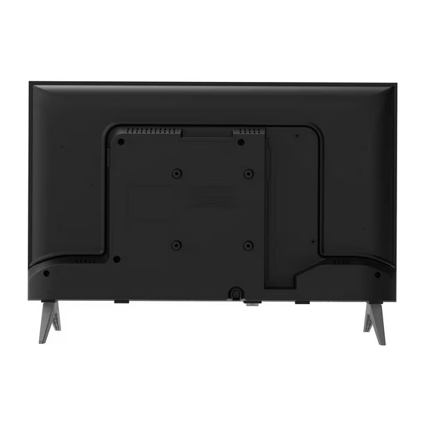 Pantalla Smart TV Sansui 24 pulgadas vista desde atrás, color negro, soporte metálico en ángulo.