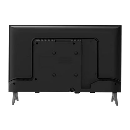 Pantalla Smart TV Sansui 24 pulgadas vista desde atrás, color negro, soporte metálico en ángulo.