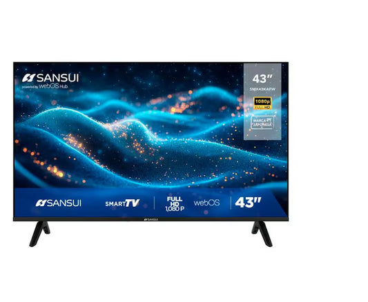 Pantalla Smart TV Sansui 43 pulgadas 4K Ultra HD con diseño delgado y base en V negra.