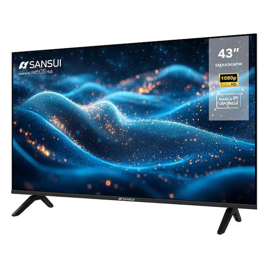 Pantalla Smart TV Sansui 43 pulgadas con resolución 4K y base negra en V.