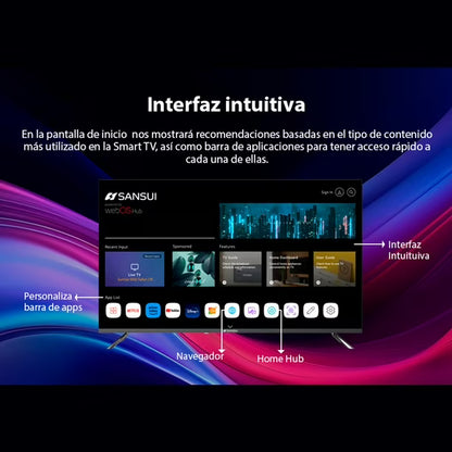 Pantalla Smart TV Sansui 24" con interfaz WebOS intuitiva y menú de inicio personalizado.