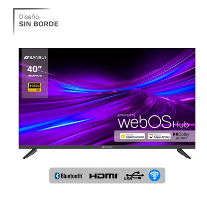 Pantalla Smart TV Sansui 40" sin borde Full HD con sistema WebOS y soporte Bluetooth, HDMI, USB y WiFi.