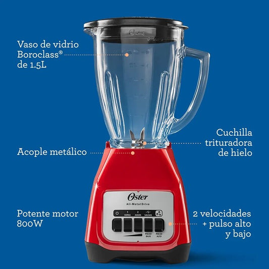 Licuadora roja Oster Kaliman con vaso de vidrio Boroclass 1.5L y control de 2 velocidades.