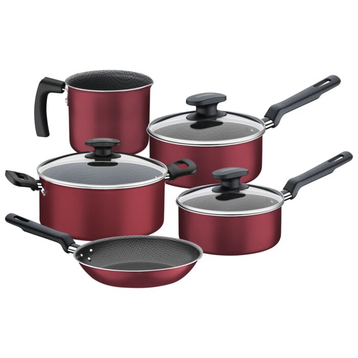 Batería de cocina roja Tramontina Loreto 5 piezas con ollas, sartenes y tapas de vidrio.