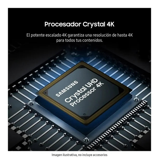 Procesador Crystal 4K Samsung UHD en fondo de circuito electrónico con detalles en azul y dorado.
