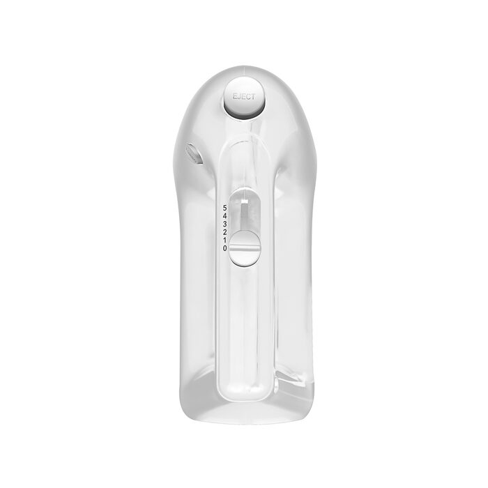 Batidora manual RCA blanca con control deslizante de 5 velocidades y botón circular superior.