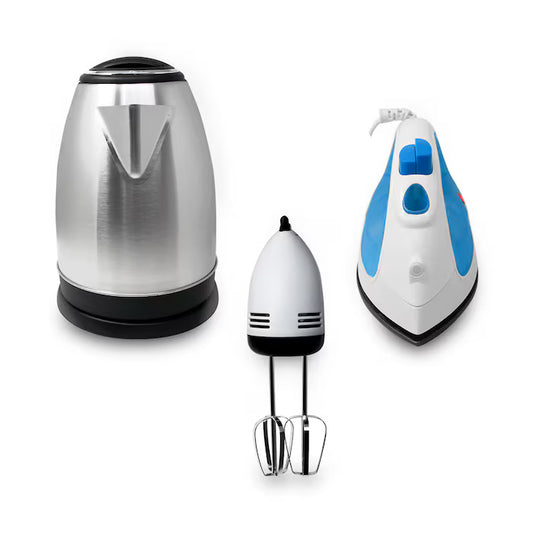 Combo básico RCA con tetera eléctrica de acero inoxidable, batidora manual blanca y plancha blanca y azul.