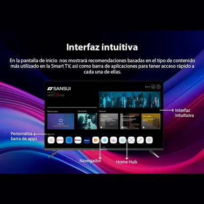 Pantalla Smart TV Sansui 32" con interfaz WebOS y barra de apps personalizable.