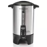 Cafetera percoladora Hamilton Beach acero inoxidable capacidad 45 tazas con dispensador y tapa negra.