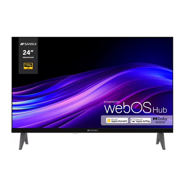 Pantalla Smart TV Sansui 24 pulgadas HD con sistema WebOS y soporte negro en V.