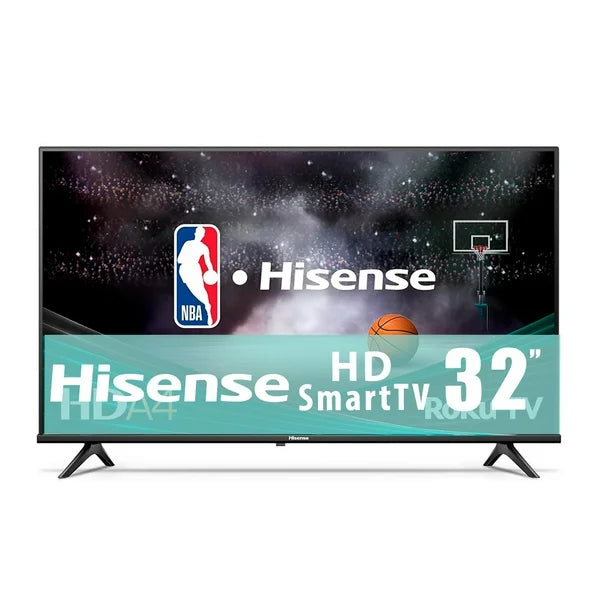 Pantalla Hisense Smart TV LED 32 pulgadas con resolución HD y logo NBA en pantalla.