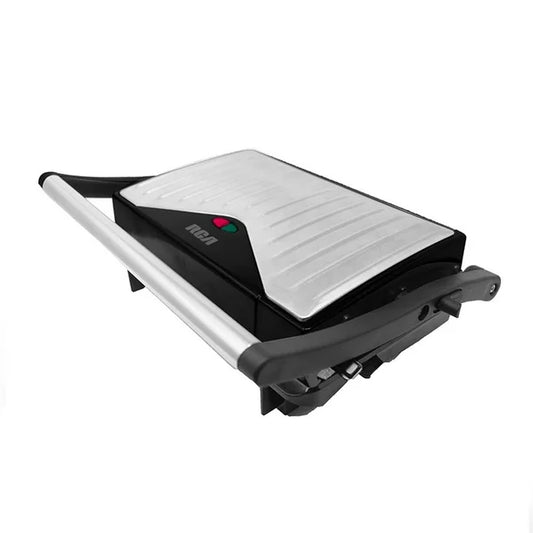Parrilla panini RCA antiadherente con placas de metal y mango negro ergonomico.