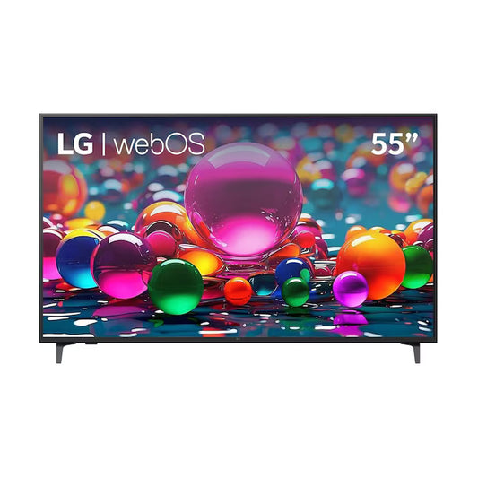 Pantalla LG 55" Smart TV 4K UHD con diseño delgado y bordes negros finos.