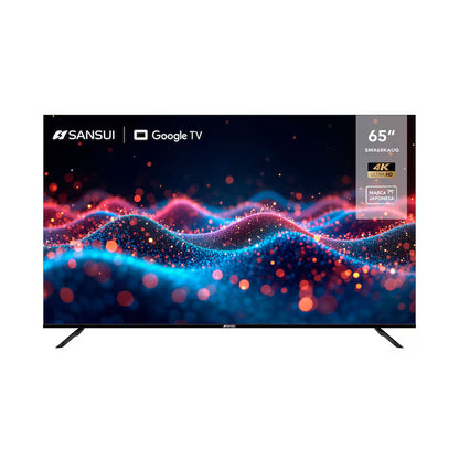 Pantalla Smart TV Sansui 65" UHD 4K con soporte metálico y diseño delgado negro.