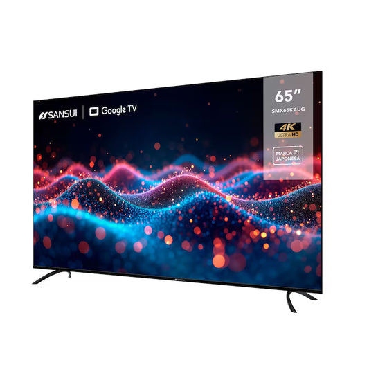 Pantalla Smart TV Sansui 65" 4K UHD con bordes delgados y soporte de patas negras.
