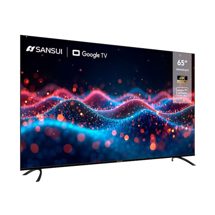 Pantalla Smart TV Sansui 65 pulgadas UHD 4K con base y sistema WebOS visible en pantalla colorida.
