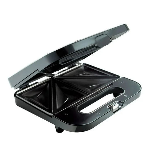 Sandwichera compacta negra Oster con placas antiadherentes y cierre seguro.