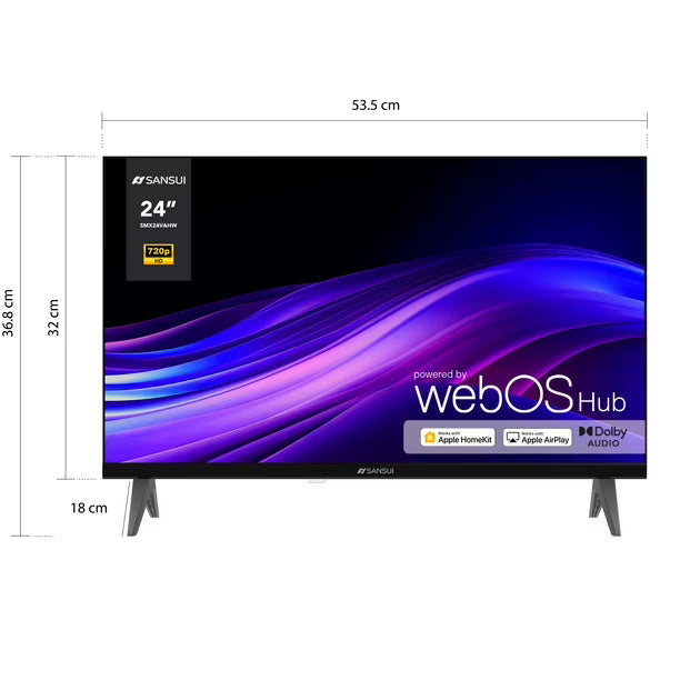 Pantalla Smart TV Sansui 24" HD con sistema webOS, soporte negro y diseño delgado.