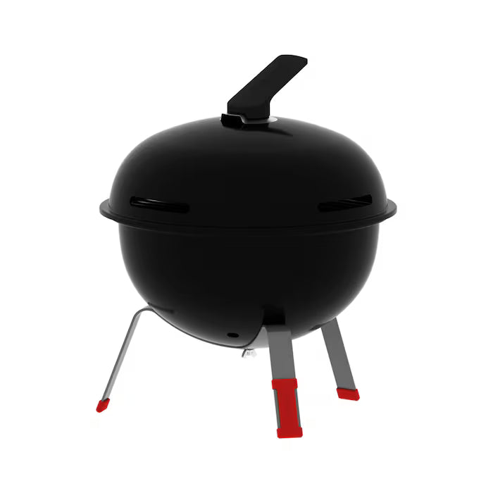 Asador a carbón redondo negro con tapa y patas de metal gris con puntas rojas.