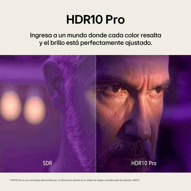 Televisor LG 32" Smart TV HD con tecnología HDR10 Pro mostrando comparación de brillo y color.