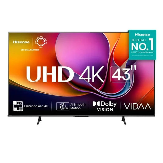 Televisor Hisense 43" UHD 4K con marco negro delgado y soporte en patas vidaa.