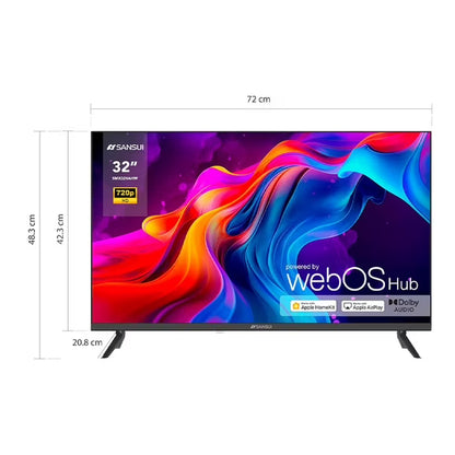 Pantalla Smart TV Sansui 32" con soporte negro, sistema WebOS, colores vivos en pantalla.