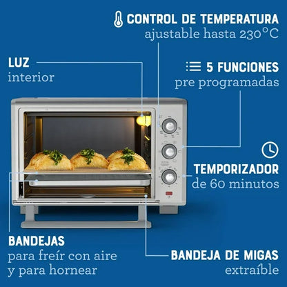 Horno eléctrico Oster plateado con freidora de aire, control de temperatura, temporizador y bandejas con pan dentro.