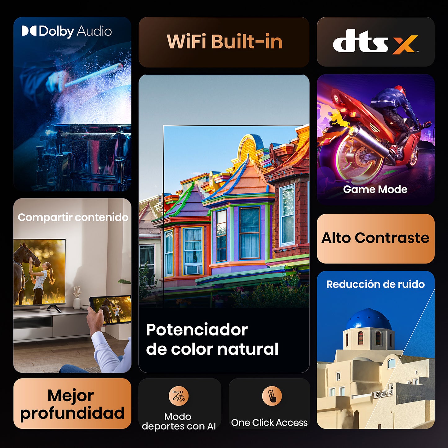 Pantalla Hisense 40" Full HD 4K con colores naturales y alto contraste, modo juego y WiFi integrado.