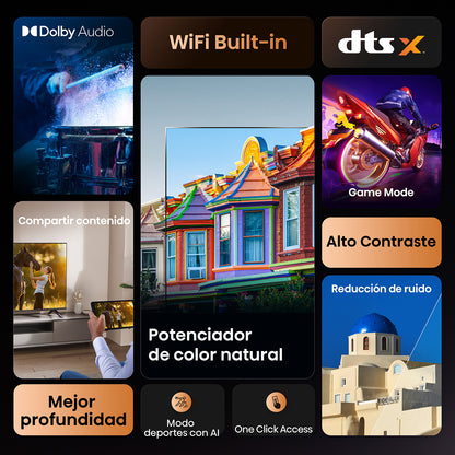 Pantalla Hisense 40" Full HD 4K con colores naturales y alto contraste, modo juego y WiFi integrado.