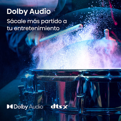 Pantalla Hisense 40" 4K VIDAA mostrando tambor con efecto de polvo y texto Dolby Audio.