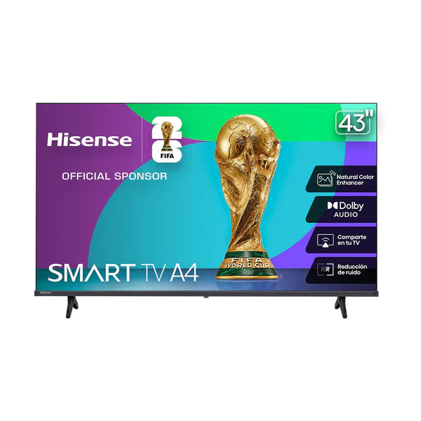 Pantalla Hisense 43" Smart TV HD modelo A4 con diseño del trofeo Copa Mundial en el centro.