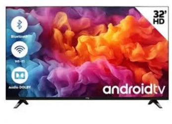Televisor Smart TV Thorus 32 pulgadas HD con soporte negro y pantalla vibrante Android TV.