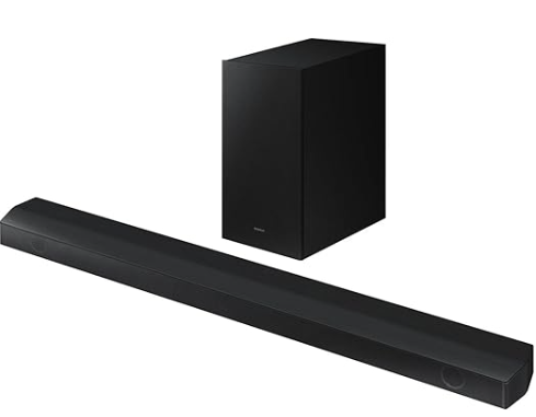 Barra de sonido negra Samsung con diseño delgado y subwoofer inalámbrico compacto negro.